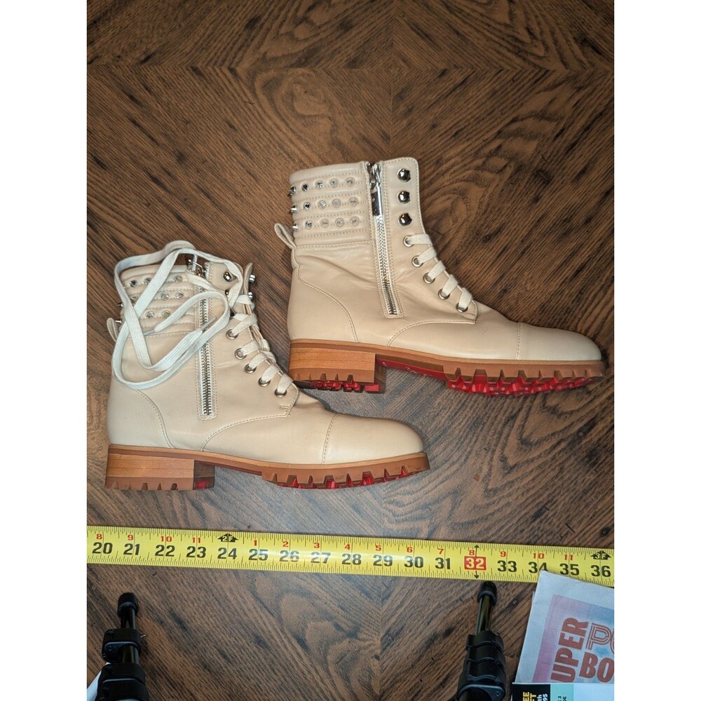 Christian Louboutin Spike Combat Zip Up Boots Size 9.5 in Beige Neutral